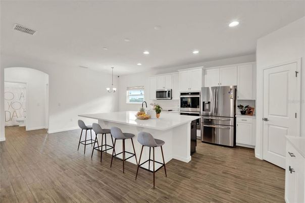 Interior, Kitchen, Pendant Lights, Recessed Lighting, Stainless Steel Appliances, Wood Texture Flooring