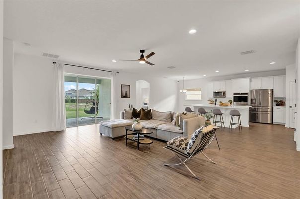Dining room, Interior, Kitchen, Living room, Pendant Lights, Recessed Lighting, Stainless Steel Appliances, Wood Texture Flooring
