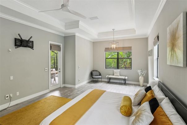 Bedroom, Interior, Pendant Lights, Wood Texture Flooring
