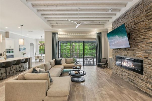 Fireplace, Interior, Kitchen, Living room, Pendant Lights, Recessed Lighting, Stone Walls, Wooden Ceilings, Wood Texture Flooring
