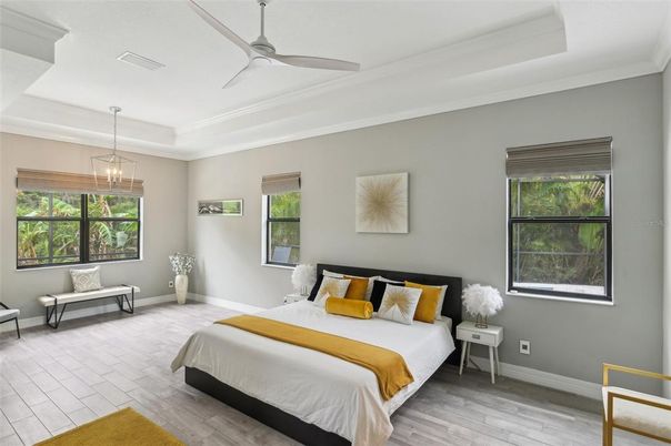 Bedroom, Interior, Pendant Lights, Wood Texture Flooring