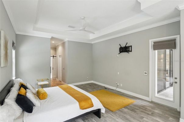 Bedroom, Interior, Recessed Lighting, Wood Texture Flooring
