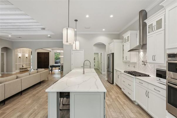 Interior, Kitchen, Living room, Pendant Lights, Recessed Lighting, Stainless Steel Appliances, Wood Texture Flooring