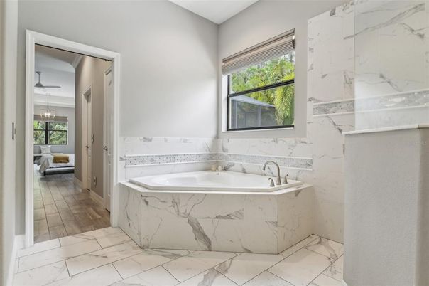 Bathroom, Interior, Marble, Marble Walls, Pendant Lights, Wood Texture Flooring