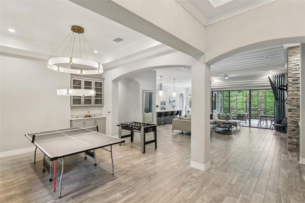 Game Room, Interior, Pendant Lights, Recessed Lighting, Wood Texture Flooring