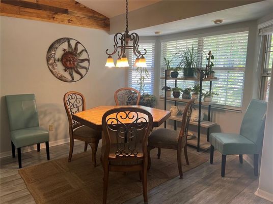 Chandelier, Dining room, Interior, Pendant Lights, Wooden Beams, Wood Texture Flooring