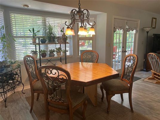 Chandelier, Dining room, Interior, Wood Texture Flooring