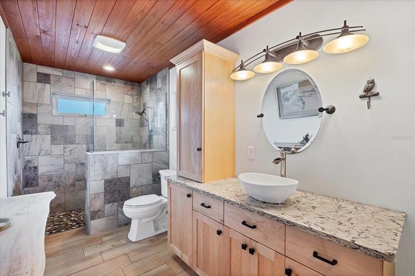 Bathroom, Glass Shower, Interior, Recessed Lighting, Wooden Ceilings, Wood Texture Flooring