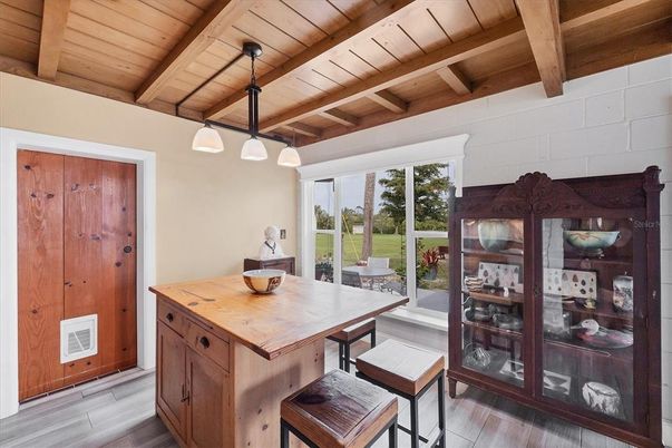 Dining room, Interior, Pendant Lights, Wooden Beams, Wooden Ceilings, Wood Texture Flooring