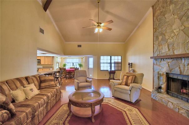 Dining room, Fireplace, Interior, Living room, Stone Walls, Wood Texture Flooring