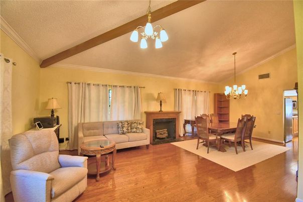 Chandelier, Dining room, Fireplace, Interior, Living room, Wooden Beams, Wood Texture Flooring