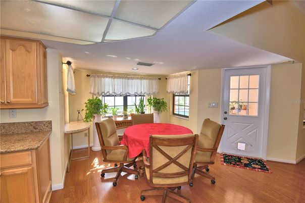 Dining room, Interior, Recessed Lighting, Wood Texture Flooring