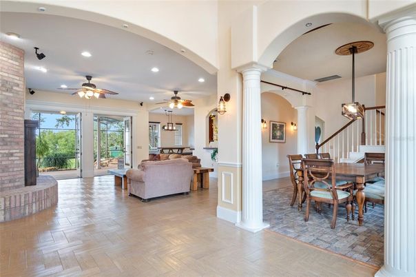 Dining room, Interior, Living room, Pendant Lights, Recessed Lighting, Stone Walls, Wood Texture Flooring