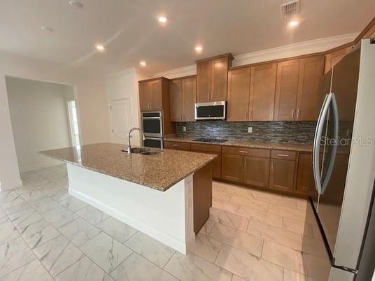 Interior, Kitchen, Marble, Recessed Lighting, Stainless Steel Appliances