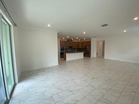 Empty room, Interior, Kitchen, Marble, Recessed Lighting, Stainless Steel Appliances