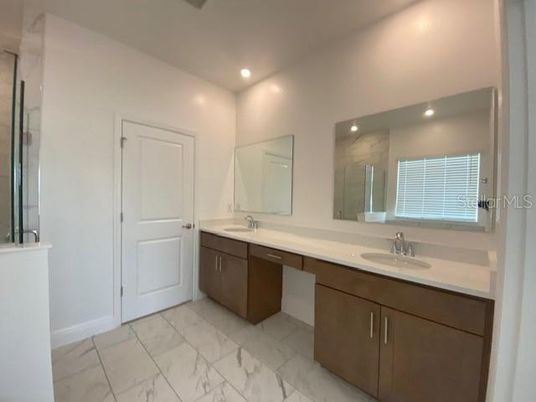 Bathroom, Dual Sink Vanities, Interior, Marble, Recessed Lighting