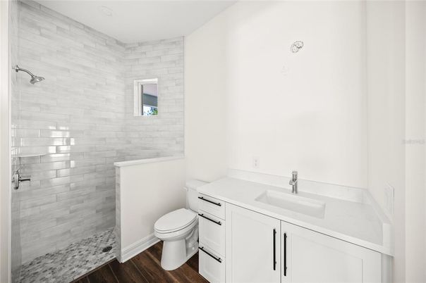 Bathroom, Glass Shower, Interior, Wood Texture Flooring