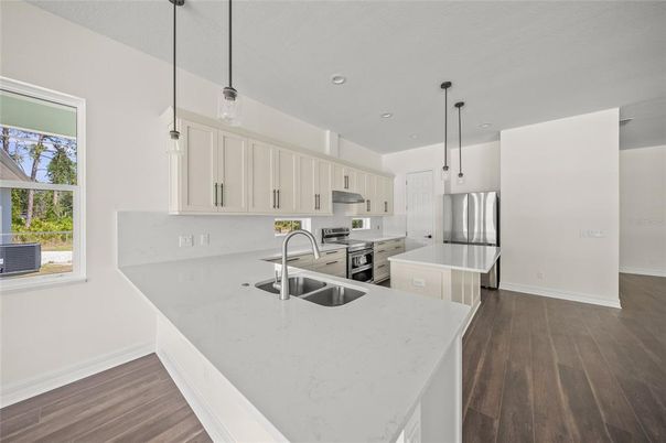 Interior, Kitchen, Pendant Lights, Recessed Lighting, Stainless Steel Appliances, Wood Texture Flooring