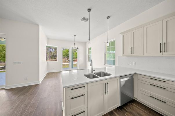 Interior, Kitchen, Pendant Lights, Wood Texture Flooring