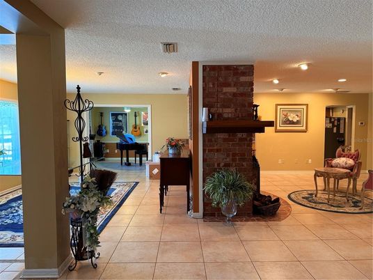 Billiard Table, Fireplace, Game Room, Interior, Piano, Recessed Lighting, Stone Walls
