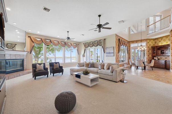 Dining room, Fireplace, Interior, Living room, Pendant Lights, Recessed Lighting