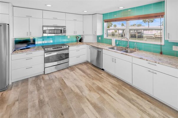 Interior, Kitchen, Recessed Lighting, Stainless Steel Appliances, Wood Texture Flooring