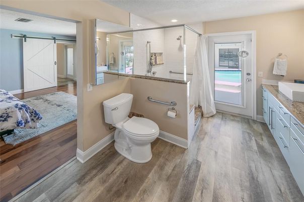 Bathroom, Interior, Recessed Lighting, Wood Texture Flooring