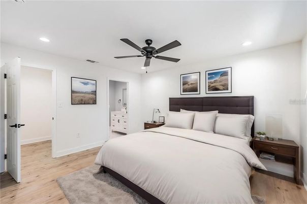 Bedroom, Interior, Recessed Lighting, Wood Texture Flooring