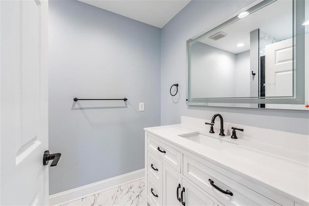 Bathroom, Dual Sink Vanities, Interior, Marble, Recessed Lighting