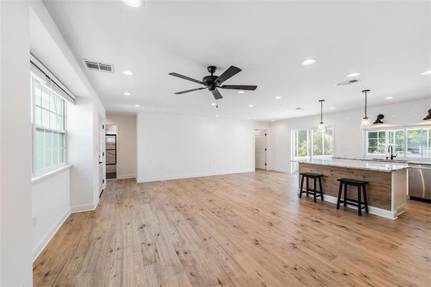 Empty room, Interior, Kitchen, Pendant Lights, Recessed Lighting, Wood Texture Flooring
