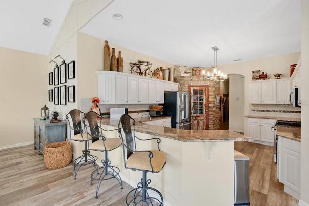 Chandelier, Interior, Kitchen, Pendant Lights, Recessed Lighting, Wood Texture Flooring