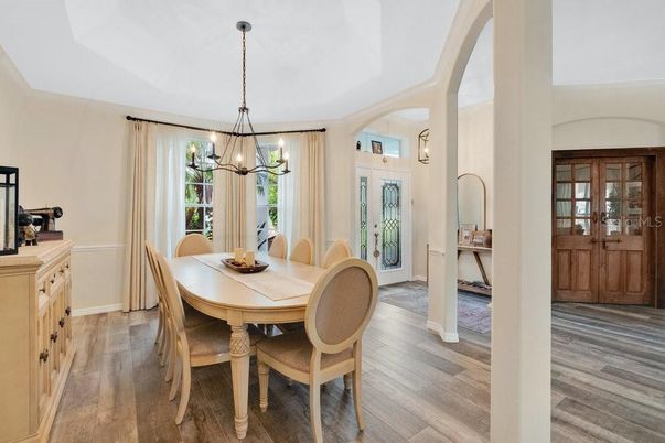 Chandelier, Dining room, Interior, Pendant Lights, Wood Texture Flooring