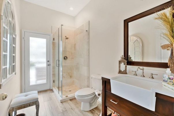 Bathroom, Glass Shower, Interior, Recessed Lighting, Wood Texture Flooring
