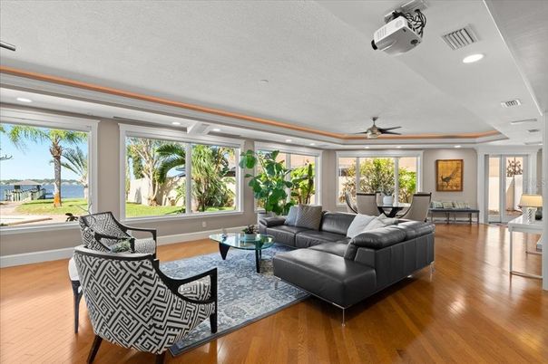 Dining room, Interior, Living room, Recessed Lighting, Water, Wood Texture Flooring