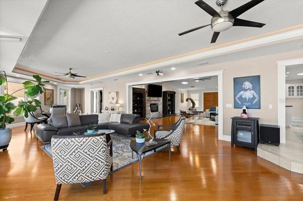 Fireplace, Interior, Living room, Recessed Lighting, Wood Texture Flooring