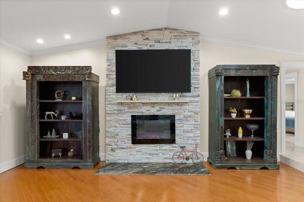 Fireplace, Interior, Recessed Lighting, Stone Walls, Wood Texture Flooring