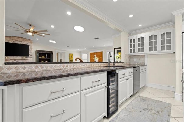Fireplace, Interior, Kitchen, Recessed Lighting, Stone Walls