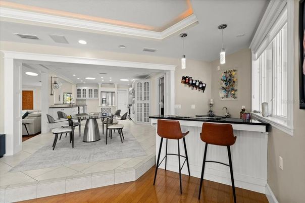 Dining room, Interior, Pendant Lights, Recessed Lighting, Wood Texture Flooring