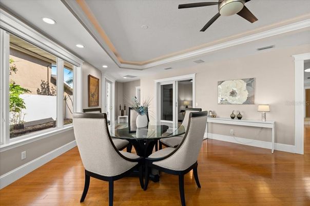 Dining room, Interior, Recessed Lighting, Wood Texture Flooring
