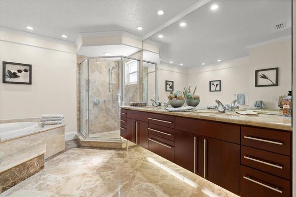 Bathroom, Dual Sink Vanities, Glass Shower, Interior, Recessed Lighting
