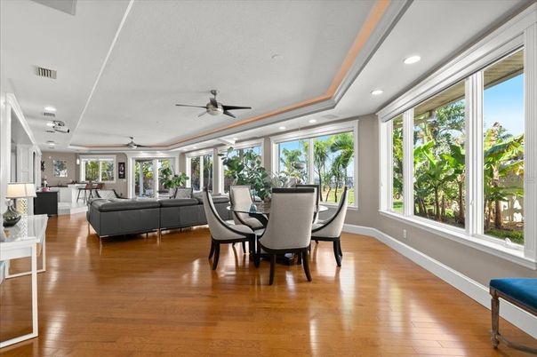 Dining room, Interior, Living room, Recessed Lighting, Wood Texture Flooring