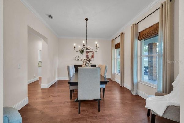 Chandelier, Dining room, Interior, Wood Texture Flooring