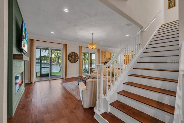 Chandelier, Fireplace, Interior, Recessed Lighting, Wood Texture Flooring