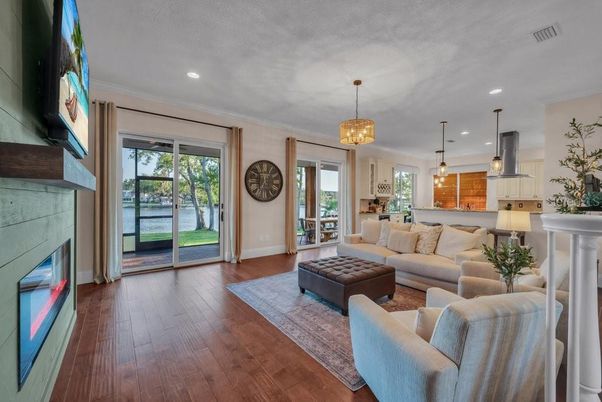Fireplace, Interior, Kitchen, Living room, Pendant Lights, Recessed Lighting, Wood Texture Flooring