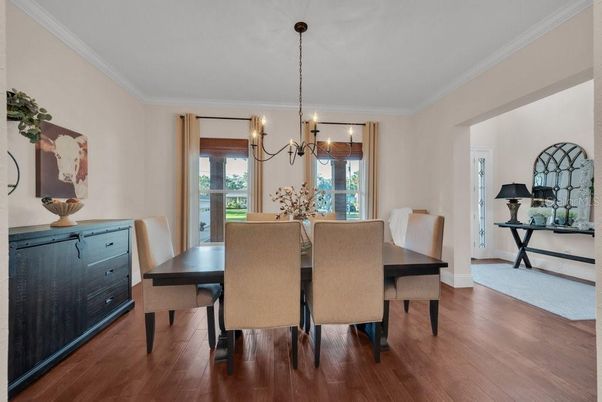 Chandelier, Dining room, Interior, Wood Texture Flooring