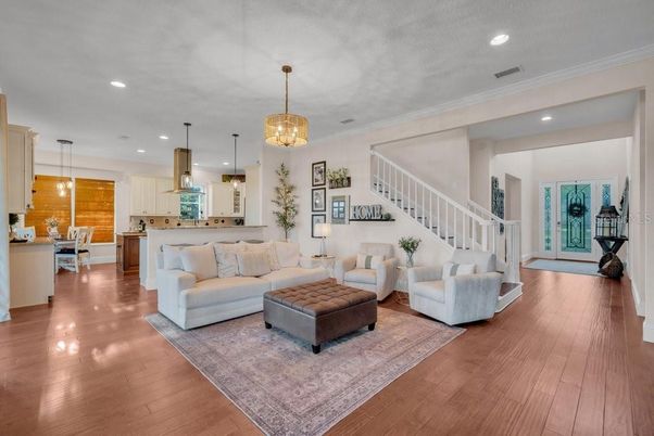 Dining room, Interior, Kitchen, Living room, Pendant Lights, Recessed Lighting, Wood Texture Flooring