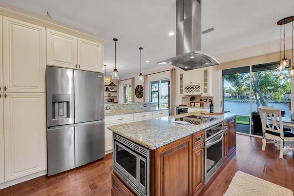 Interior, Kitchen, Pendant Lights, Recessed Lighting, Stainless Steel Appliances, Water, Wood Texture Flooring