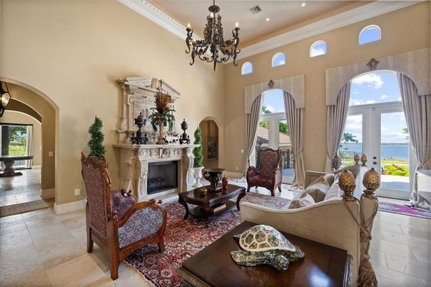 Chandelier, Fireplace, Interior, Living room, Recessed Lighting, Water