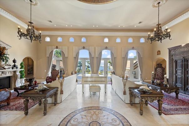 Chandelier, Fireplace, Interior, Living room, Recessed Lighting