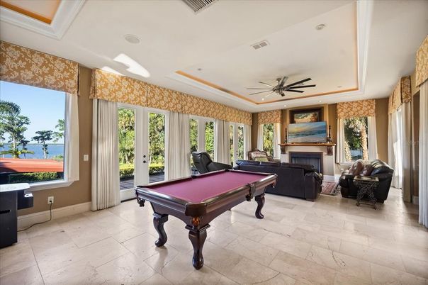 Billiard Table, Fireplace, Game Room, Interior, Living room, Recessed Lighting, Water